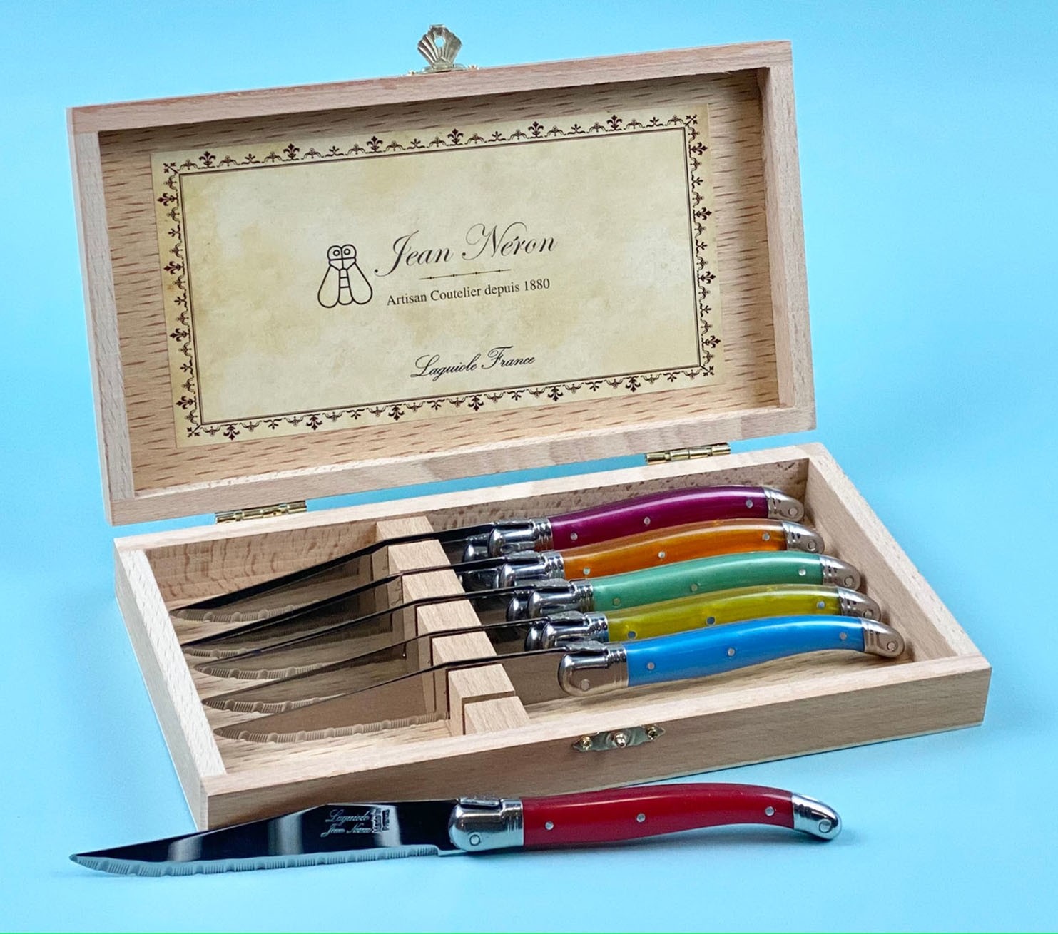 Laguiole Rainbow Knives In Wooden Box (Set of 6)
