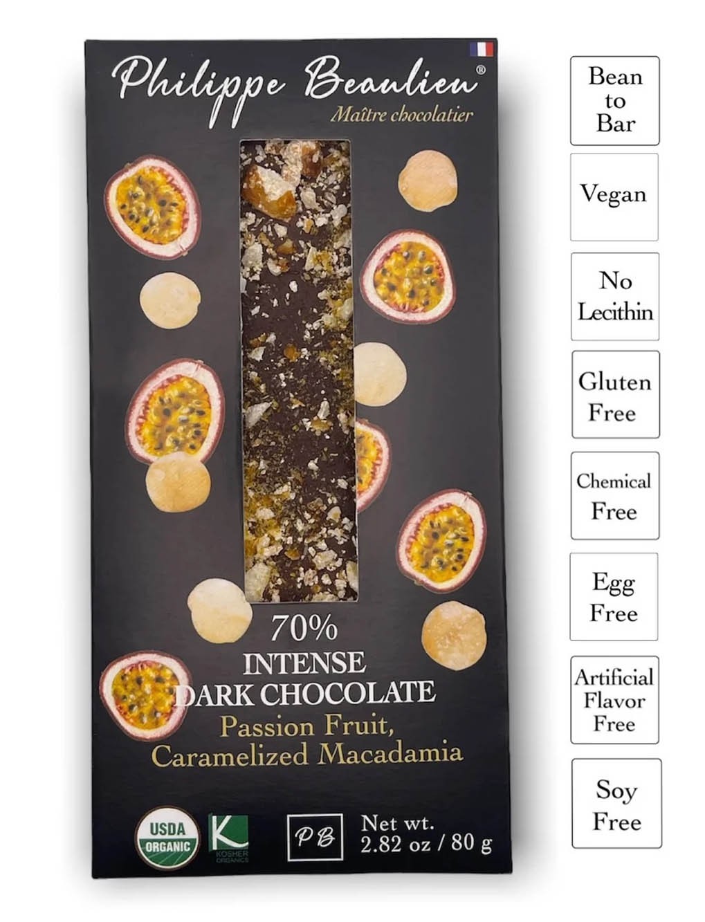Philippe Beaulieu Dark chocolate Passionfruit, Caramelized Macadamia Bar