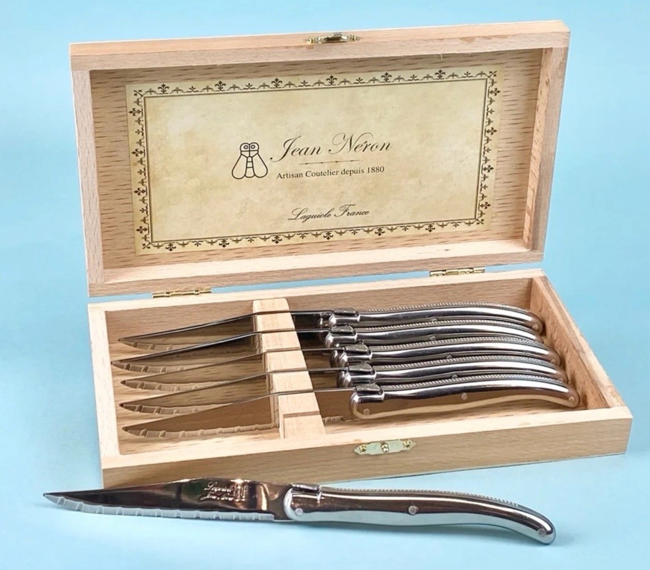 Laguiole Platine Stainless Steel Knives In Wooden Presentation Box (Set of 6)